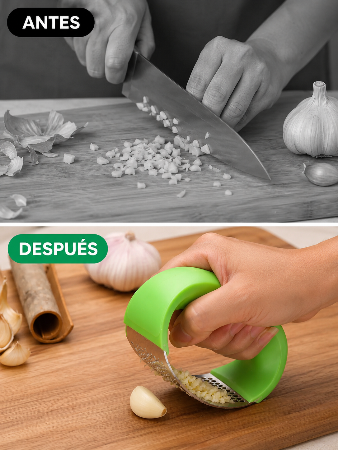 Antes y después picador de ajo